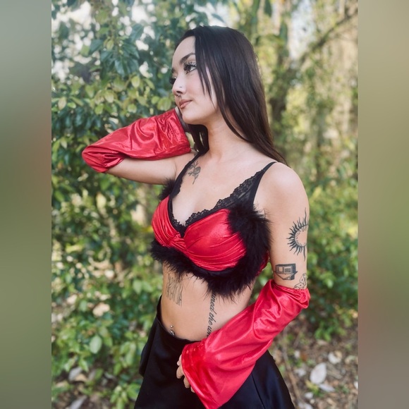 Ladies Red And Black Up-cycled Festival Rave Outfit 4 Piece Size Medium - Picture 5 of 13